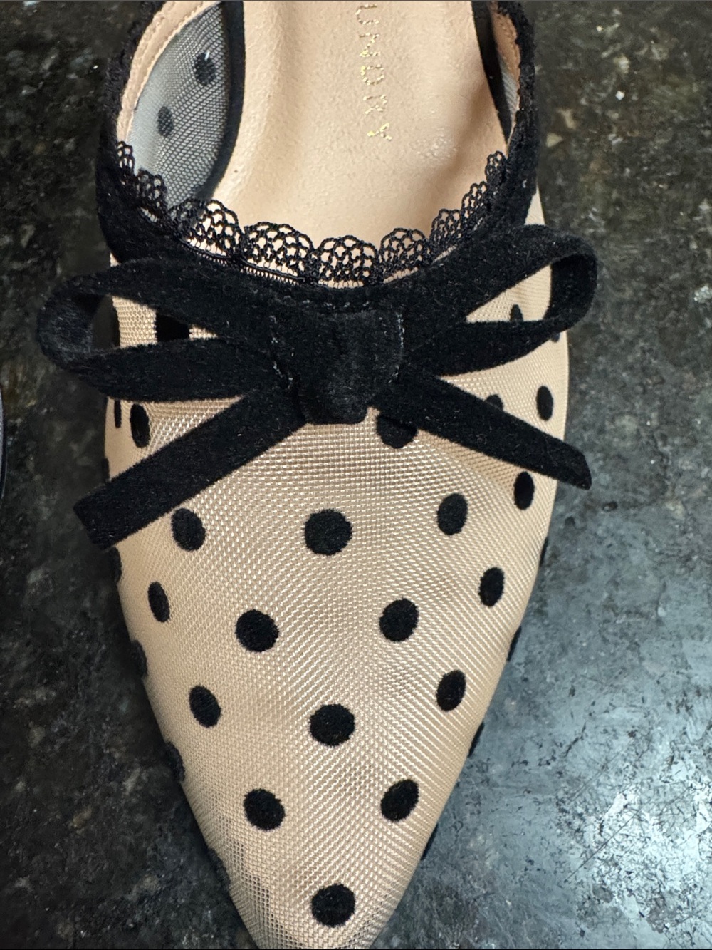NEW Chinese Laundry Beige Polka Dot Pointed Mules with Black Trim - Picture 7 of 16
